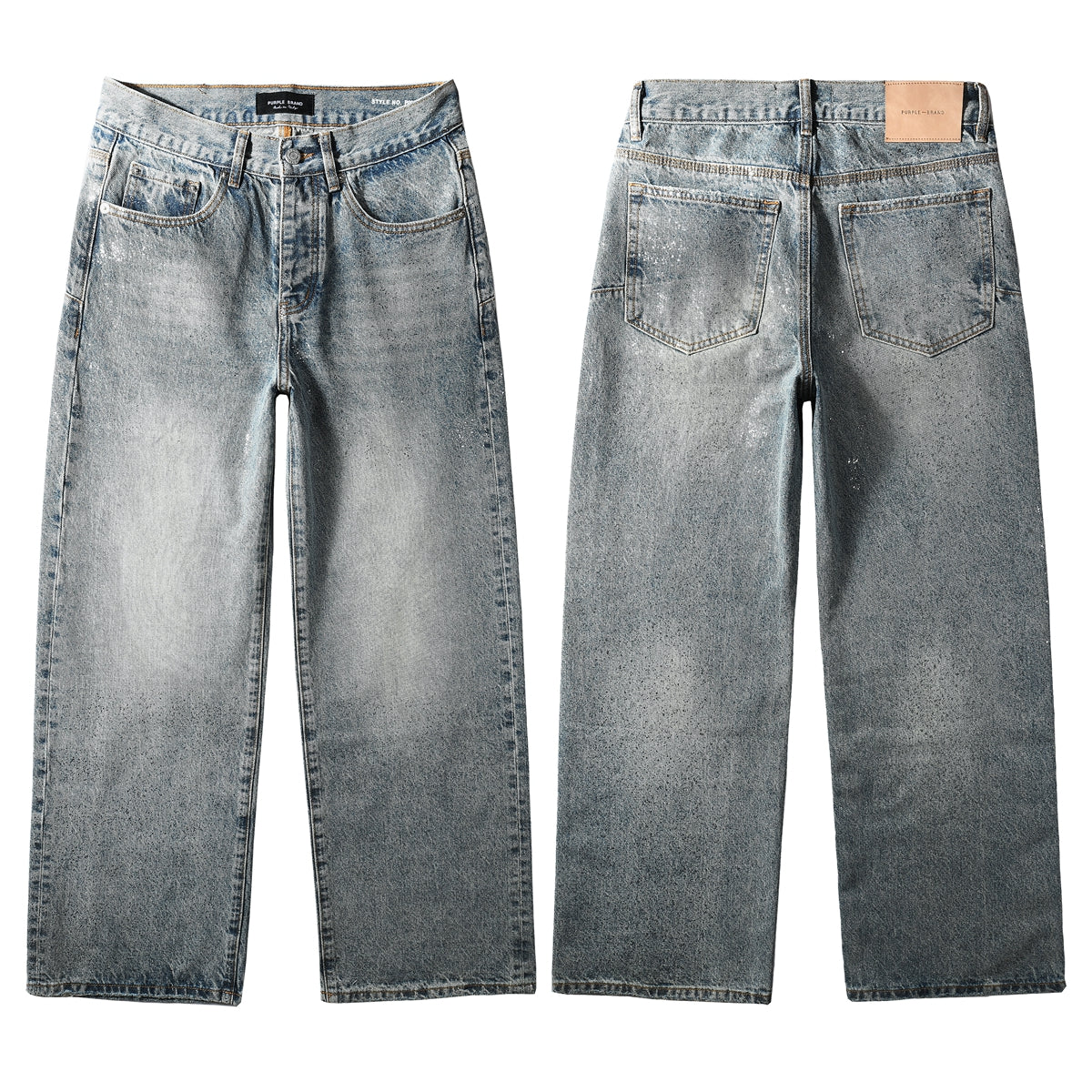 Edgy Men’s Light Wash Loose Fit Jeans with Washed Fade Effect and Light White Paint Splatter Design 101