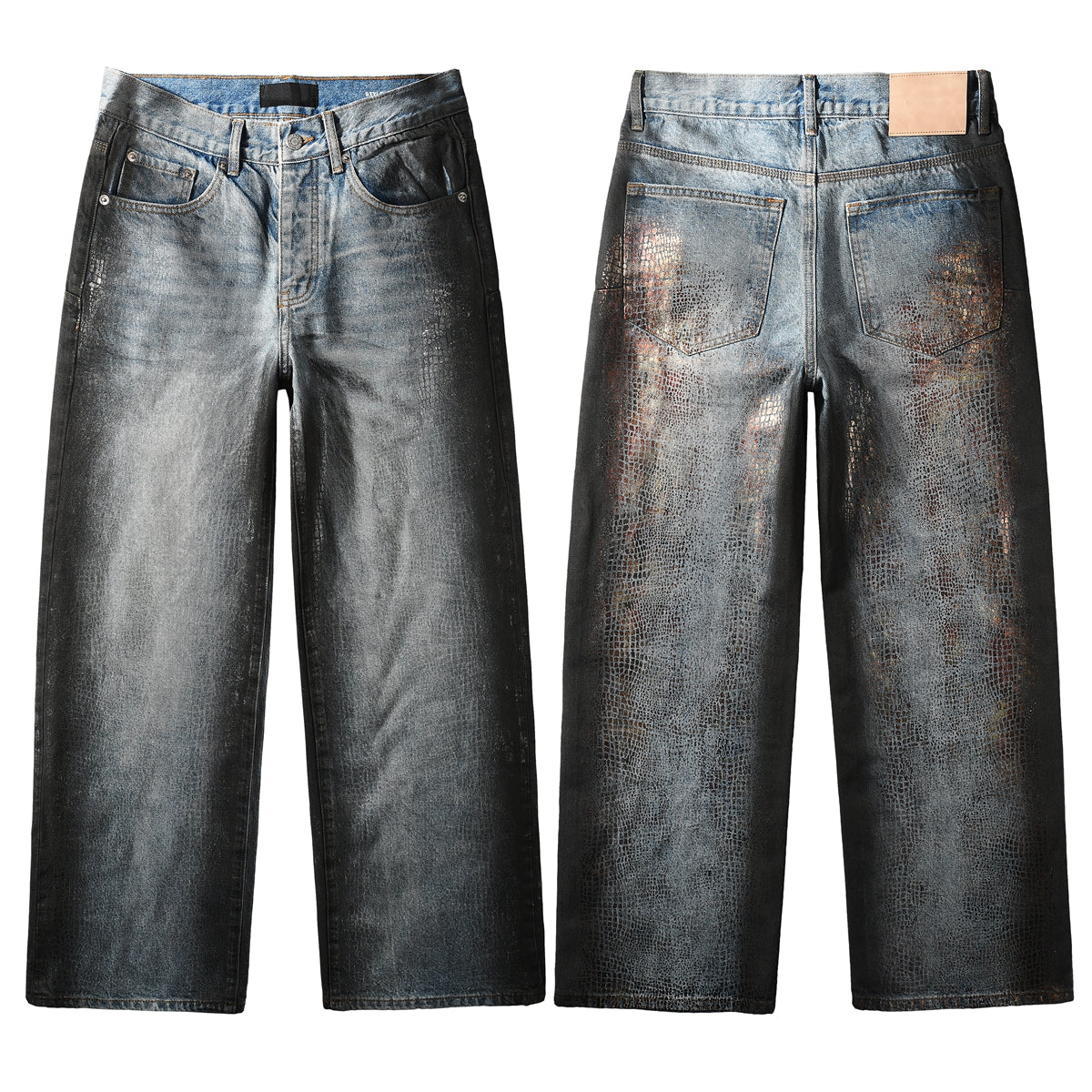 Men’s Light Blue Wide Leg Jeans with Faux Croc Leather Coating Effect and Vintage Washed Street Style 102