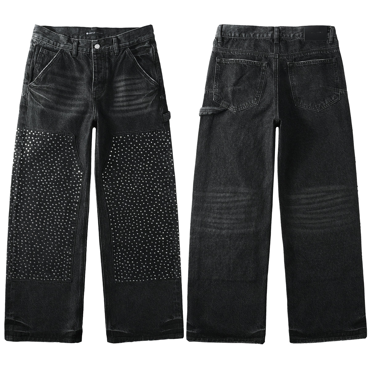 Men's Wide Leg Black Denim Jeans with Studded Front Panels and Streetwear Workwear Inspired Design 104