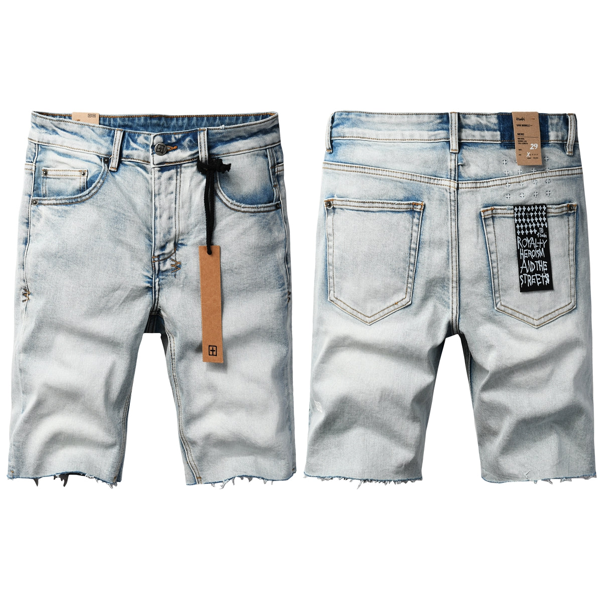 Men Streetwear Denim Shorts Light Blue Washed with Raw Hem and Graphic Patch Back Pocket 2001