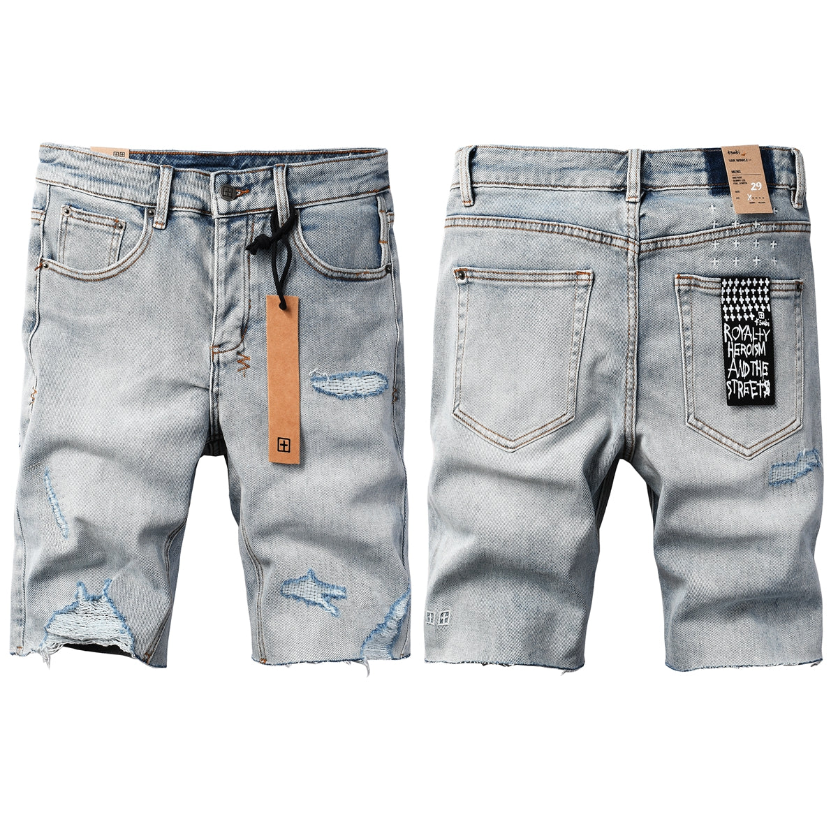 Men's Vintage Light Wash Ripped Denim Shorts with Raw Cut Hem and Distressed Details 2003