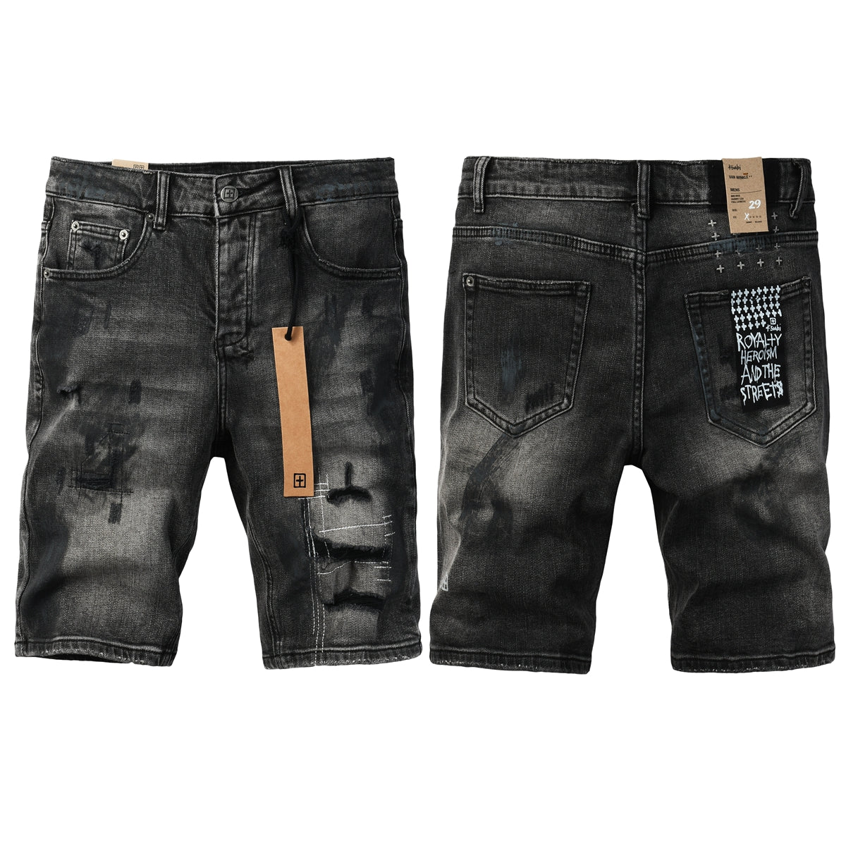 Men Streetwear Denim Shorts Dark Washed Black with Paint Effect Distressed Details and Graphic Patch 2007