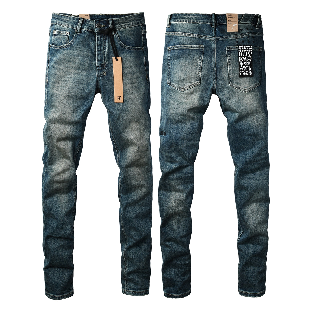 Men Streetwear Jeans Vintage Blue Washed with Clean Look and Graphic Back Pocket Patch 3033