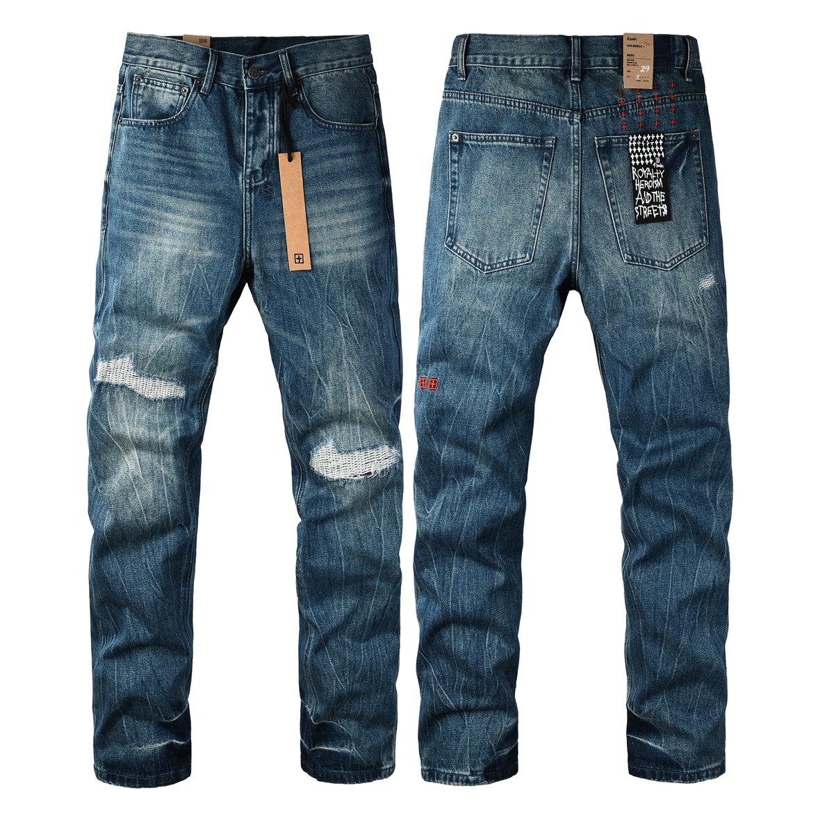 Men Streetwear Jeans Vintage Blue Washed with Knee Repair Details and Graphic Back Pocket Patch 3039