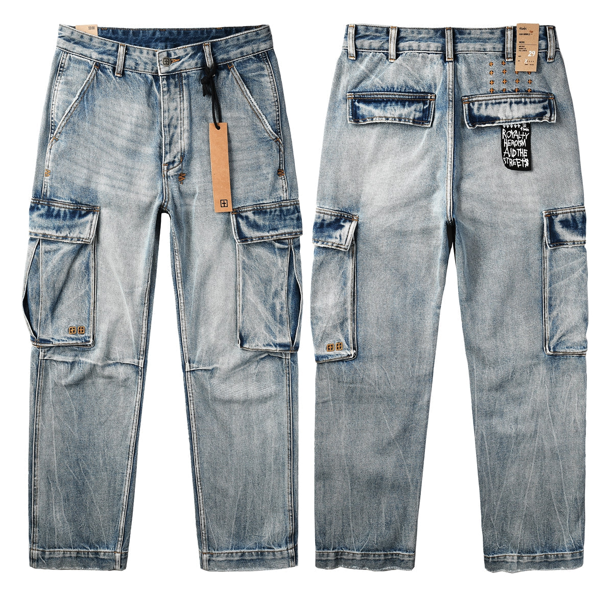 Y2K Style Baggy Light Blue Washed Cargo Jeans with Patchwork Pockets and Graffiti Print 3043