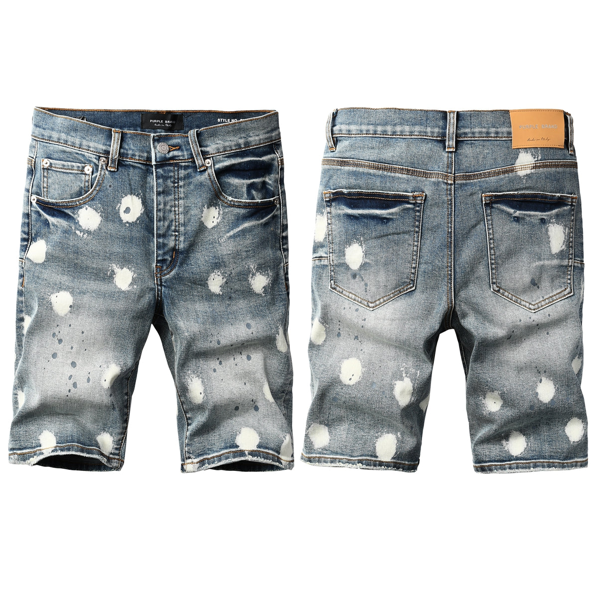 Men’s Blue Washed Denim Shorts with White Paint Splatter Pattern Streetwear Casual Style 5092