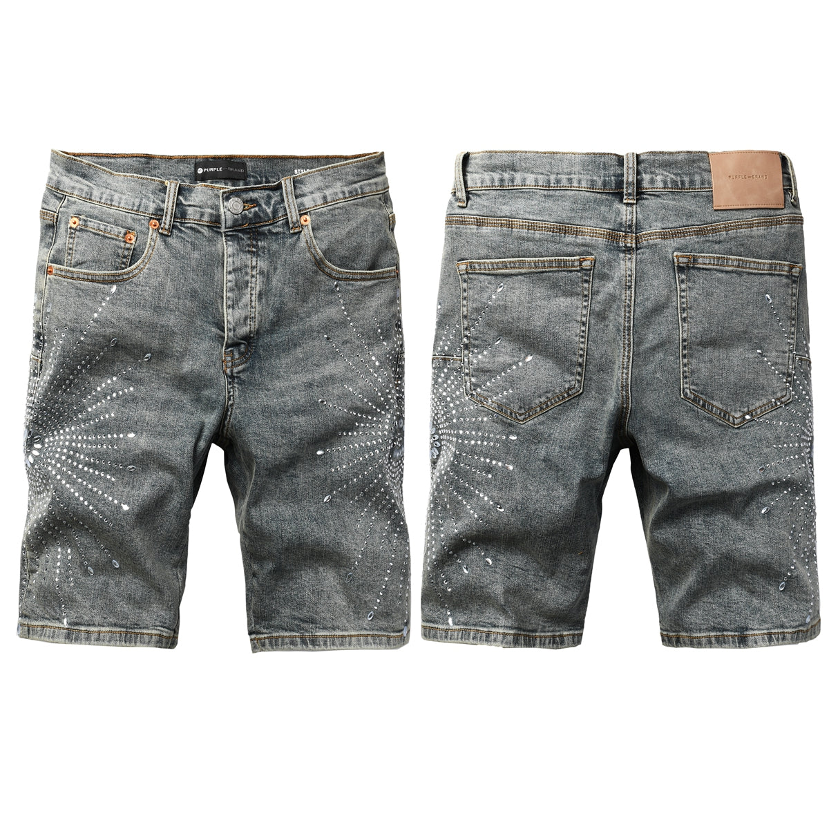Men’s Gray Washed Denim Shorts with Shiny Studded Sunburst Pattern Streetwear Fashion Style 5093