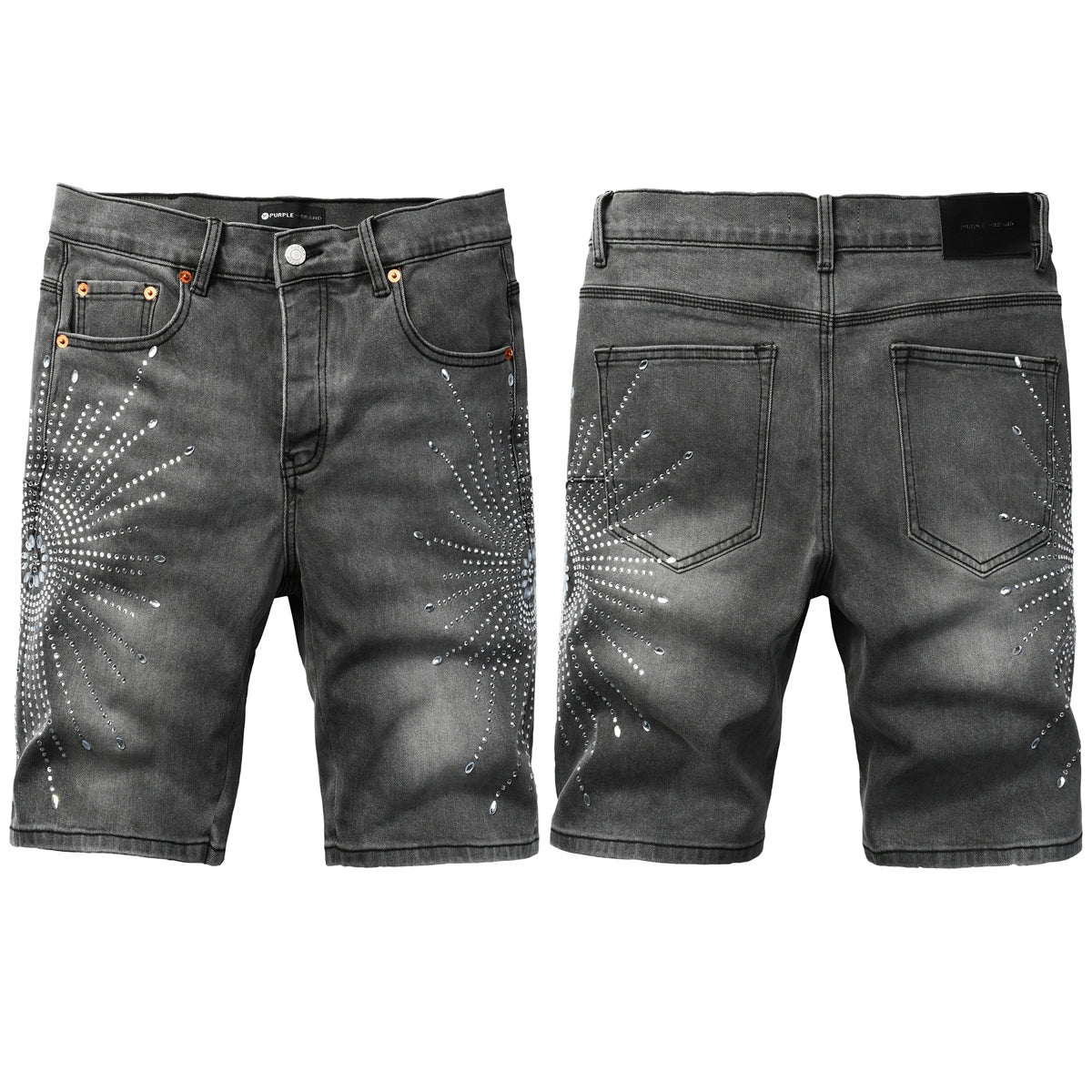 Men’s Grey Washed Denim Shorts with Sparkling Studded Sunburst Design Streetwear Fashion Style 5094