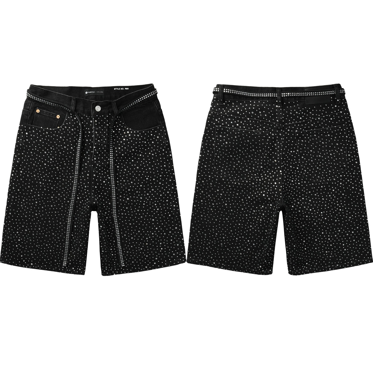 Mens Black Denim Shorts with Allover Rhinestone Embellishments and Sparkling Party Street Style 5095