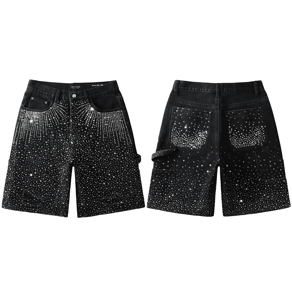 Luxury Bling Men's Black Jean Shorts Covered in Shiny Rhinestones for Night Out Fashion 5099