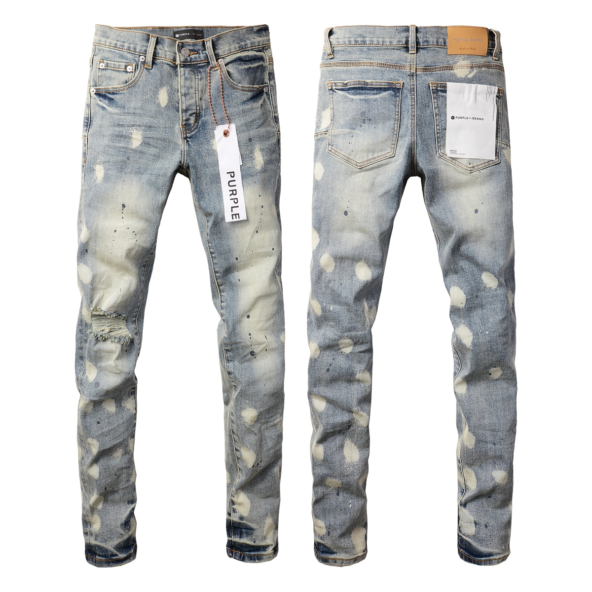 Men Streetwear Jeans Distressed Light Blue Paint Dot Ripped Skinny 9092
