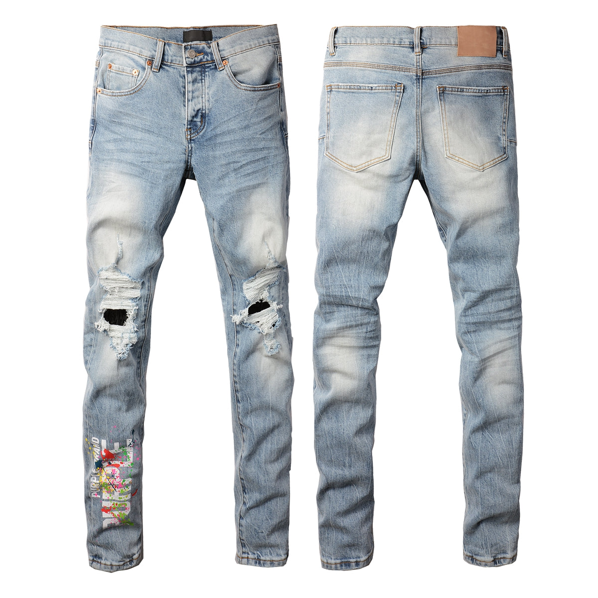 Men Streetwear Jeans Light Blue Ripped Graffiti Print Distressed Skinny 9101