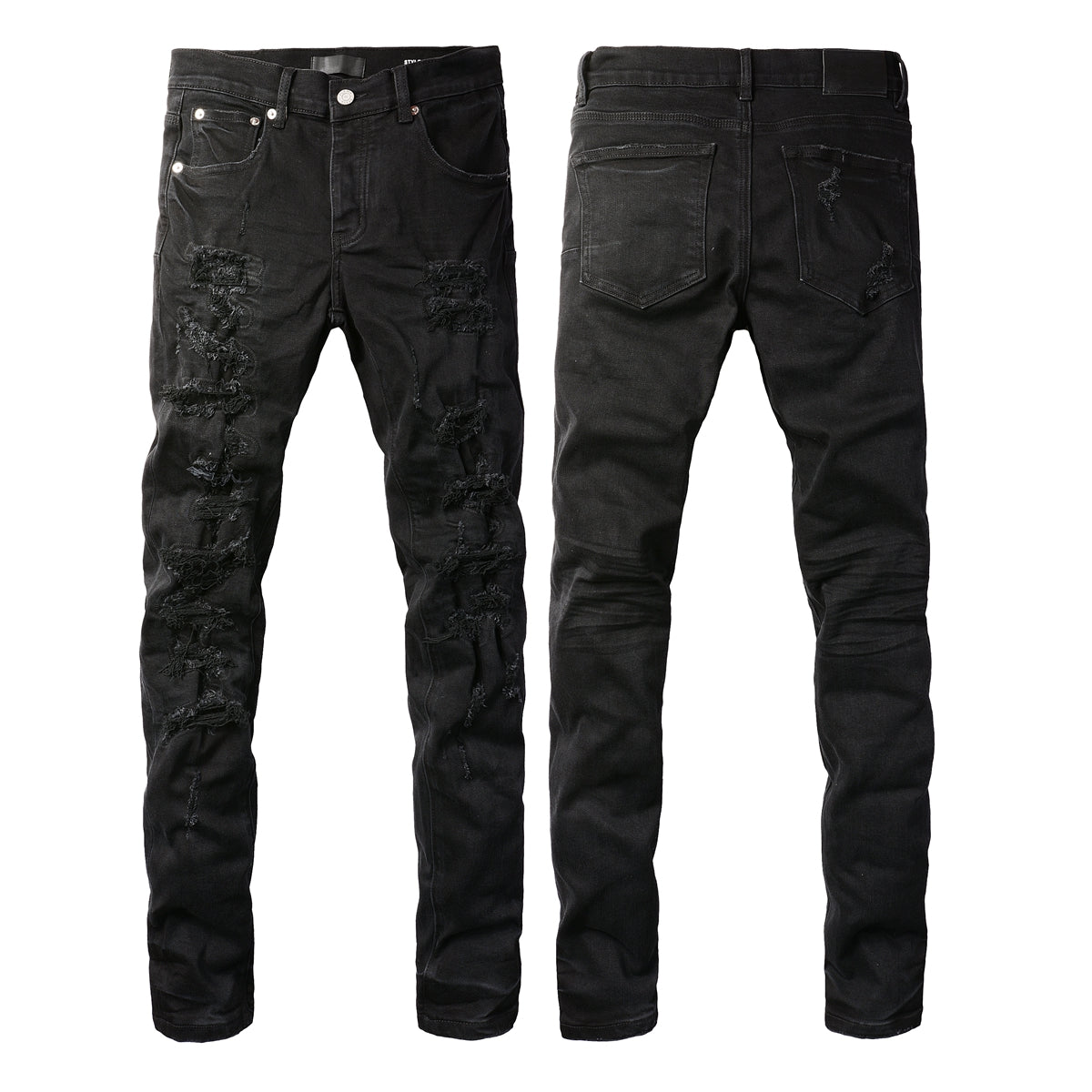 Men Distressed Black Skinny Jeans with Heavy Ripped Design and Grunge Streetwear Vibe 9108