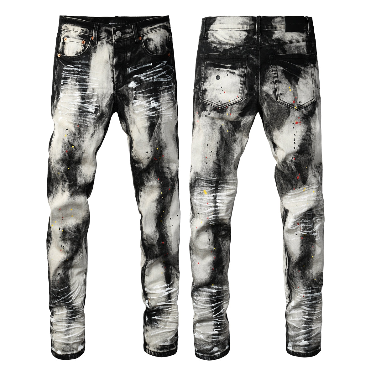 Men Streetwear Skinny Jeans Black and White Graffiti Wash with Multi Color Paint Splash PU9111