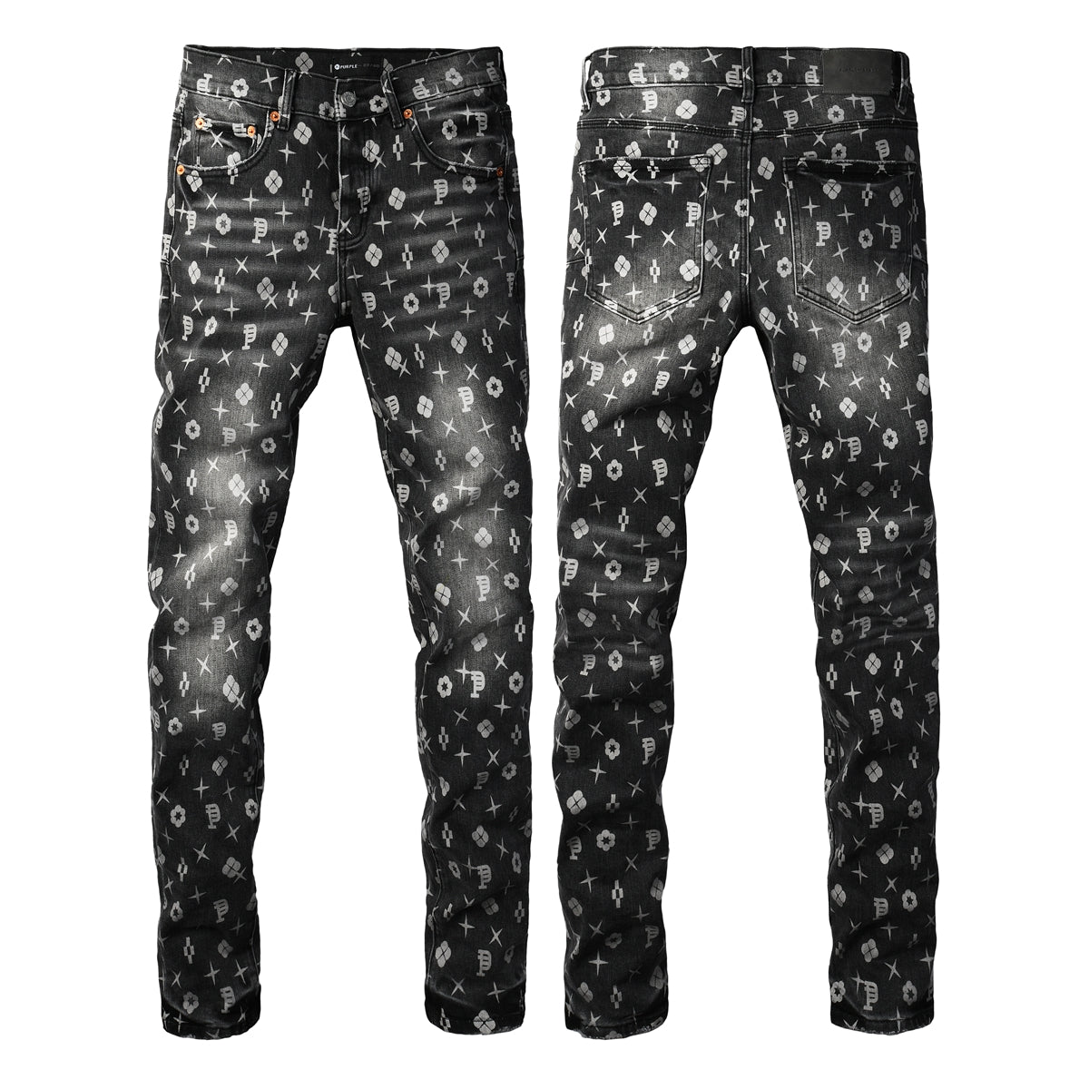 Men Classic Street Skinny Jeans Dark Grey Monogram Print All Over Distressed Style PU9112