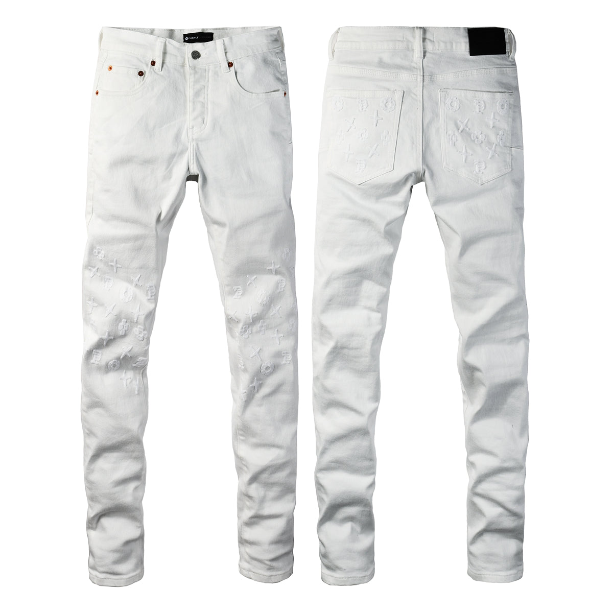 Men Designer Streetwear Skinny Jeans Solid White with 3D Embossed Monogram Pattern PU9113
