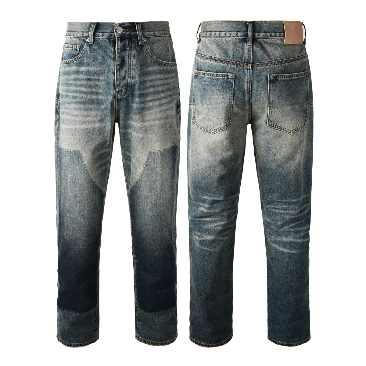 Men Vintage Streetwear Straight Jeans Blue Washed with Whisker Fade and Contrast Panels PU9120
