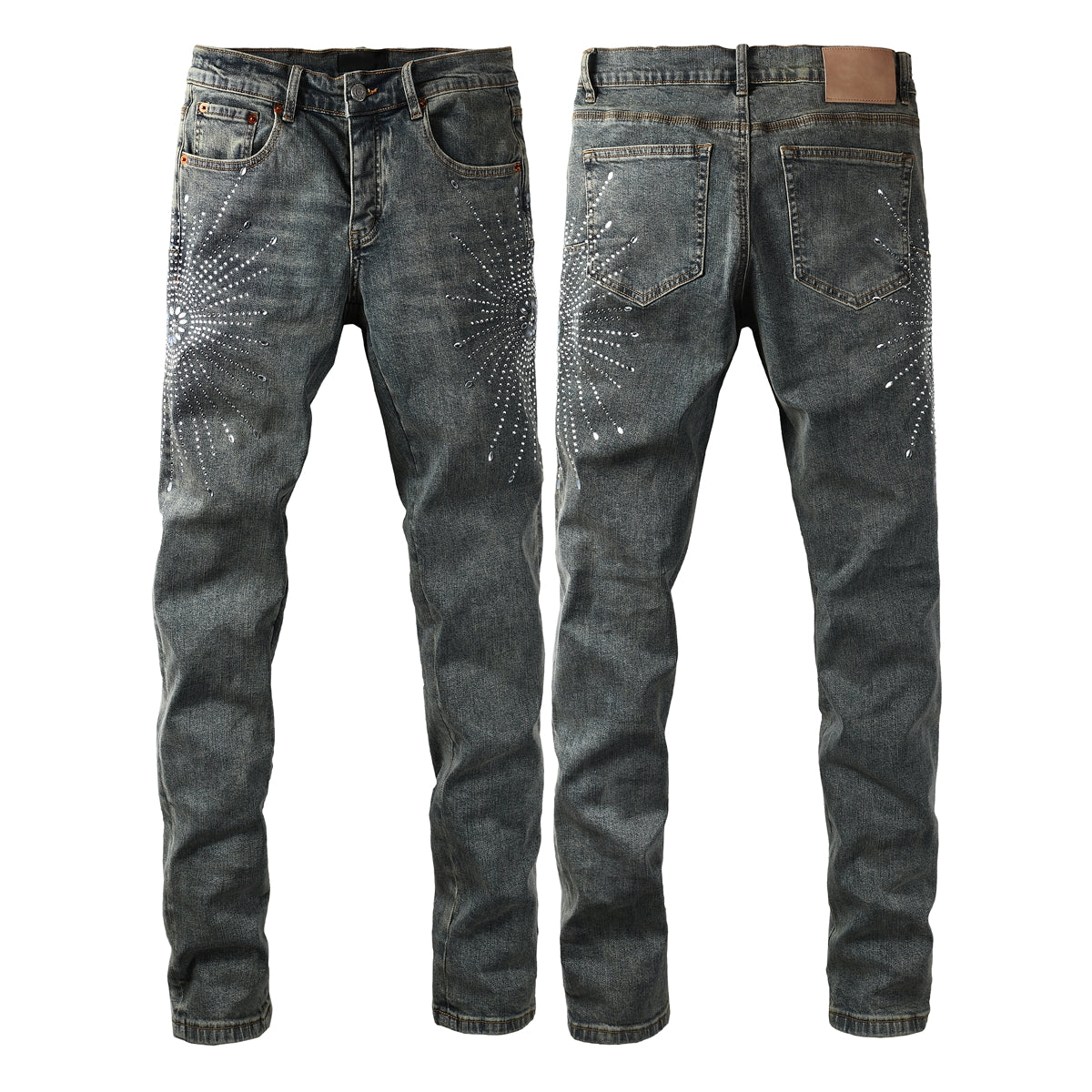 Mens Designer Jeans Distressed Dark Grey Denim with Crystal Studded Starburst Patterns 9122