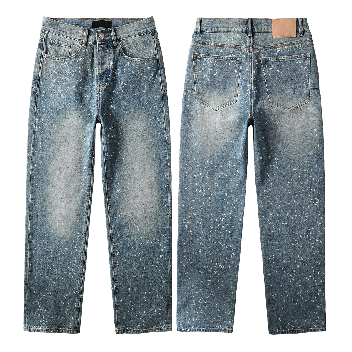 Mens Blue Straight Leg Jeans with Paint Splatter Design Casual Vintage Washed Streetwear Denim 9126