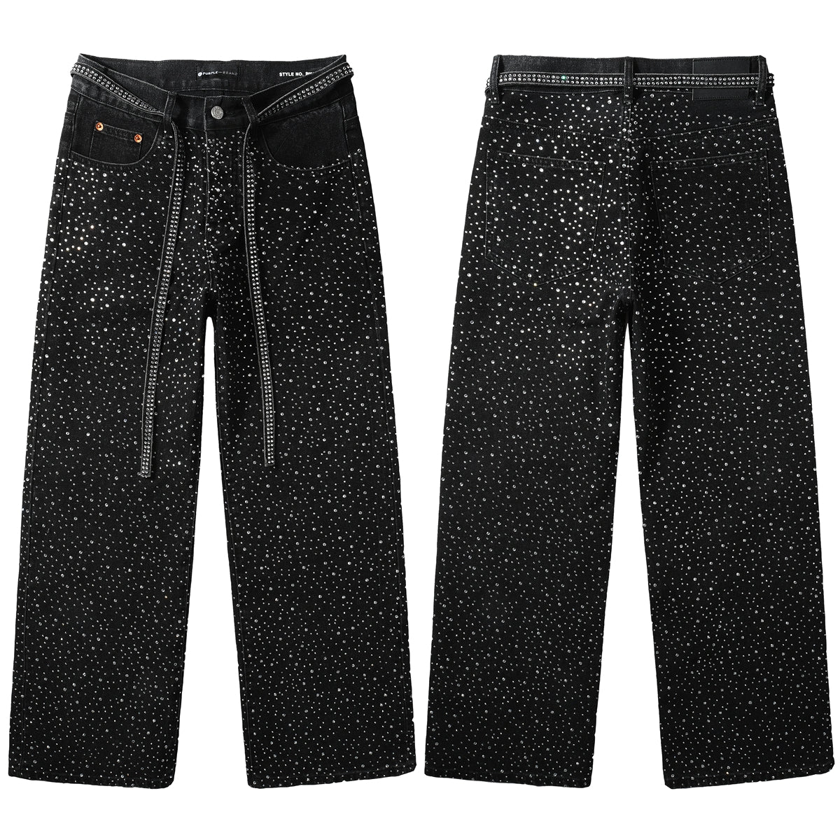 Trendy Mens Loose Fit Black Jeans Allover Sparkling Crystal Studs and Decorative Front Straps 9128