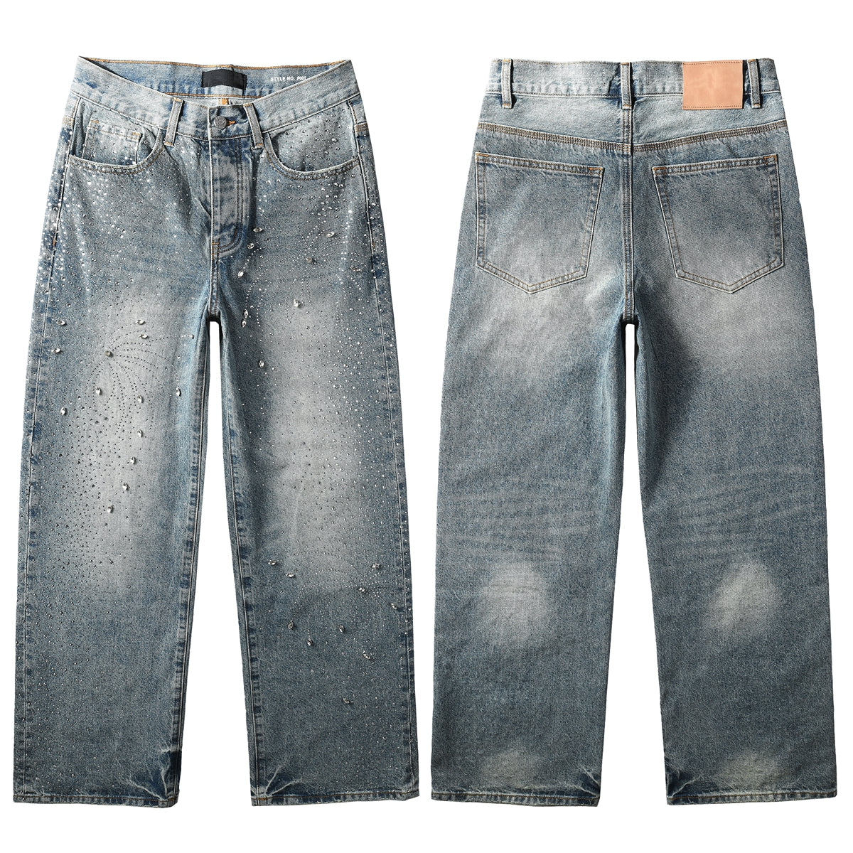 Mens Vintage Washed Wide Leg Jeans with Crystal Firework Pattern and Allover Rhinestone Accents 9133