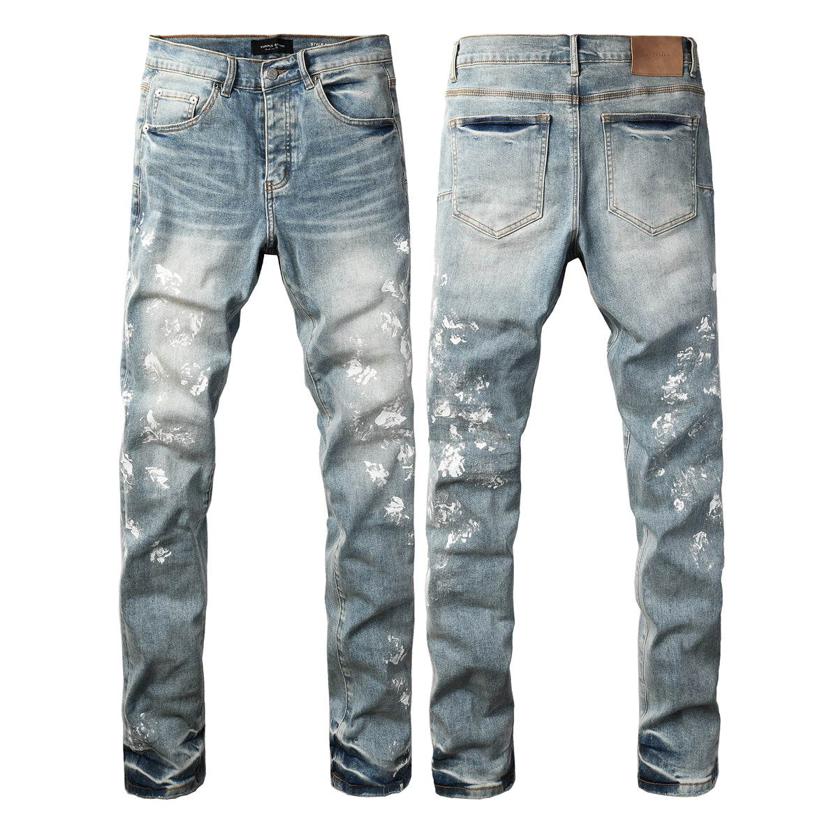 Slim Fit Light Blue Jeans Men Trendy Denim Pants with Paint Splatter Design 9136