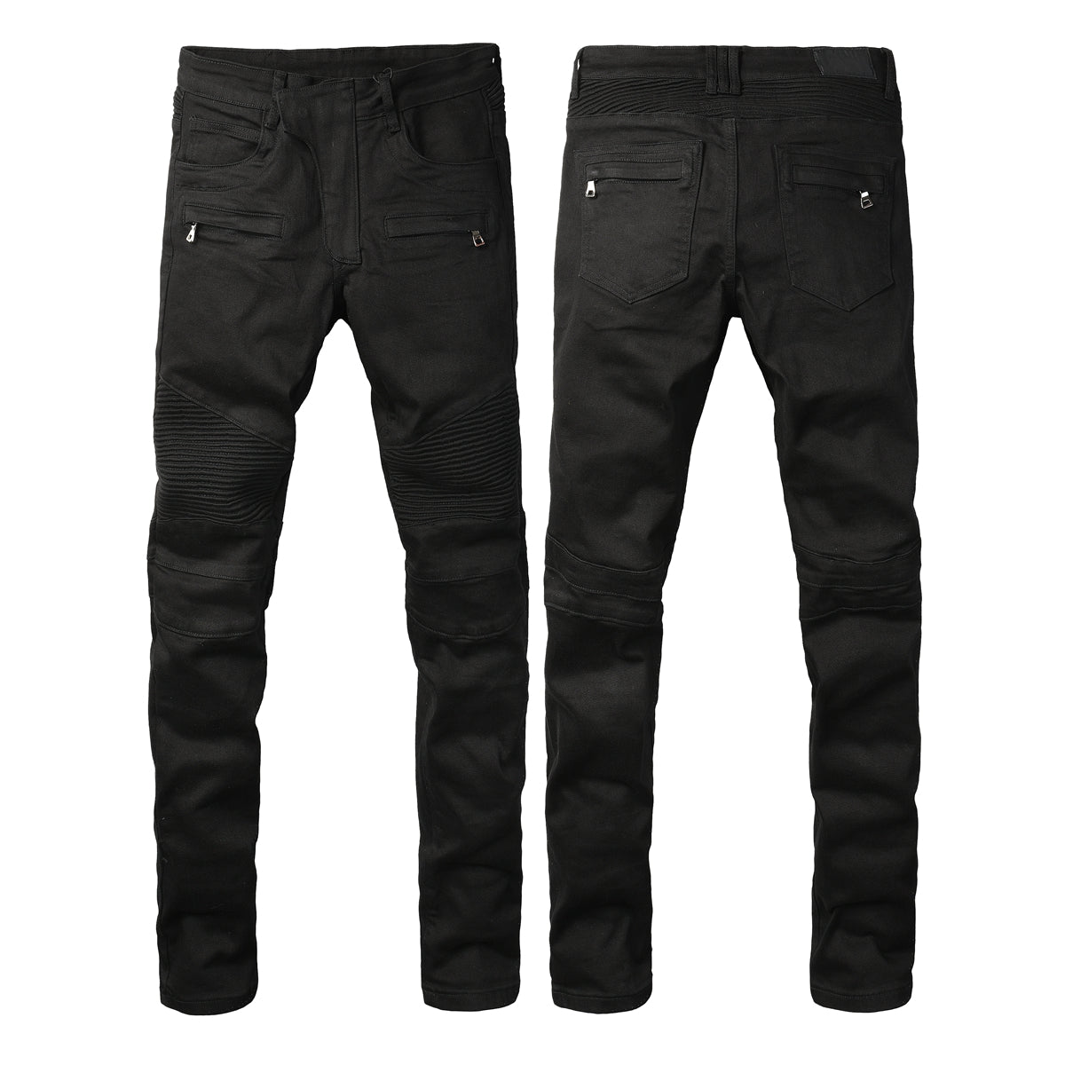 Tapered Fit Black Moto Jeans Featuring Articulated Knee Stitching and Sleek Contemporary Look 964