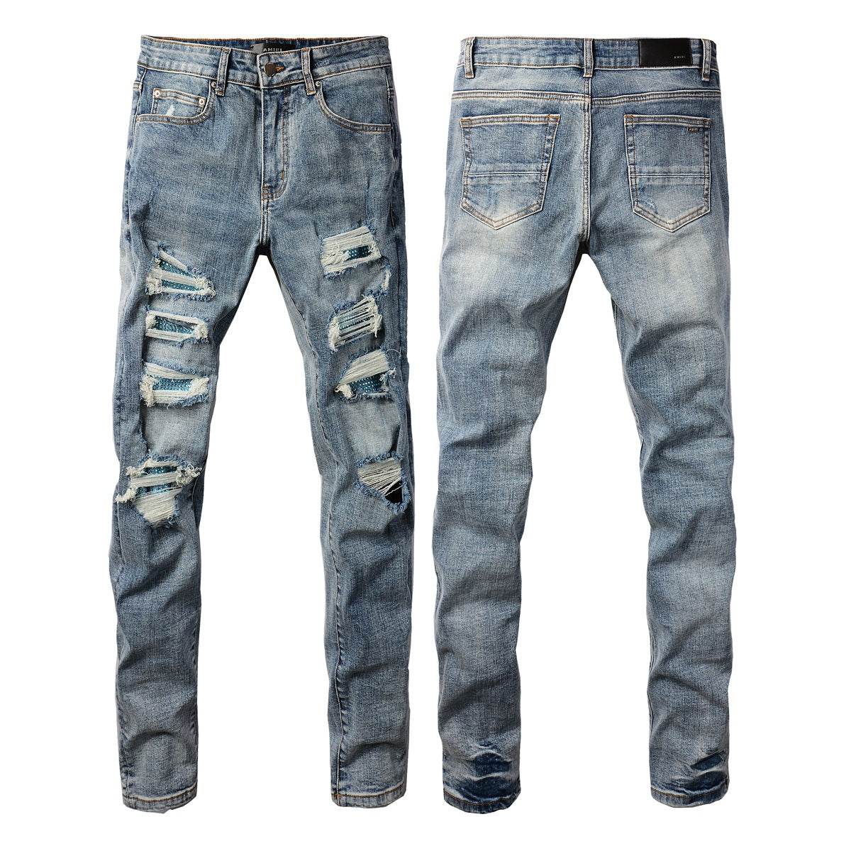 Fashionable Slim Fit Denim with a Washed Effect and Blue Rhinestone Embellishments 6566