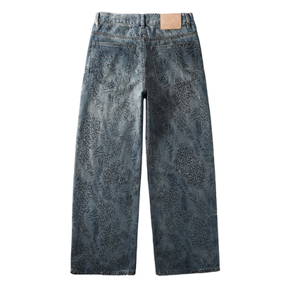 Streetwear Men’s Loose Fit Blue Jeans with Unique Leopard Leaf Patterned Wash for Retro Urban Style 100