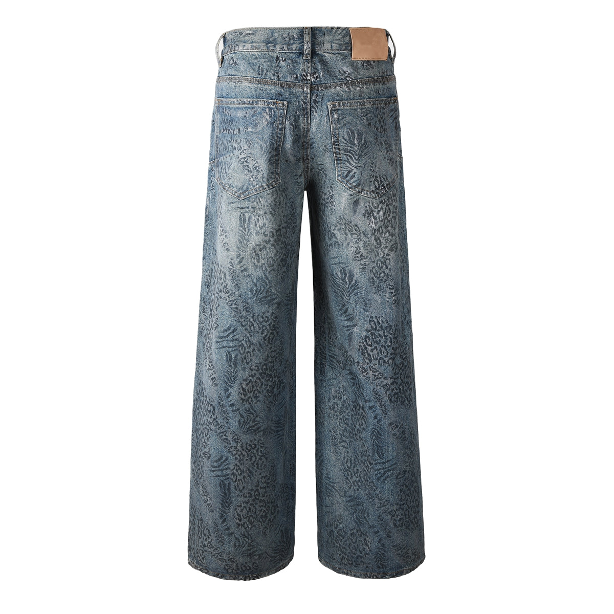 Streetwear Men’s Loose Fit Blue Jeans with Unique Leopard Leaf Patterned Wash for Retro Urban Style 100