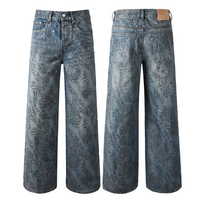 Streetwear Men’s Loose Fit Blue Jeans with Unique Leopard Leaf Patterned Wash for Retro Urban Style 100