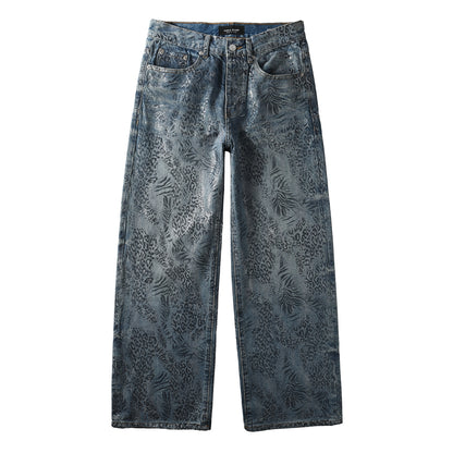 Streetwear Men’s Loose Fit Blue Jeans with Unique Leopard Leaf Patterned Wash for Retro Urban Style 100