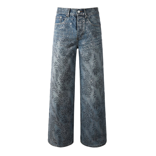 Streetwear Men’s Loose Fit Blue Jeans with Unique Leopard Leaf Patterned Wash for Retro Urban Style 100