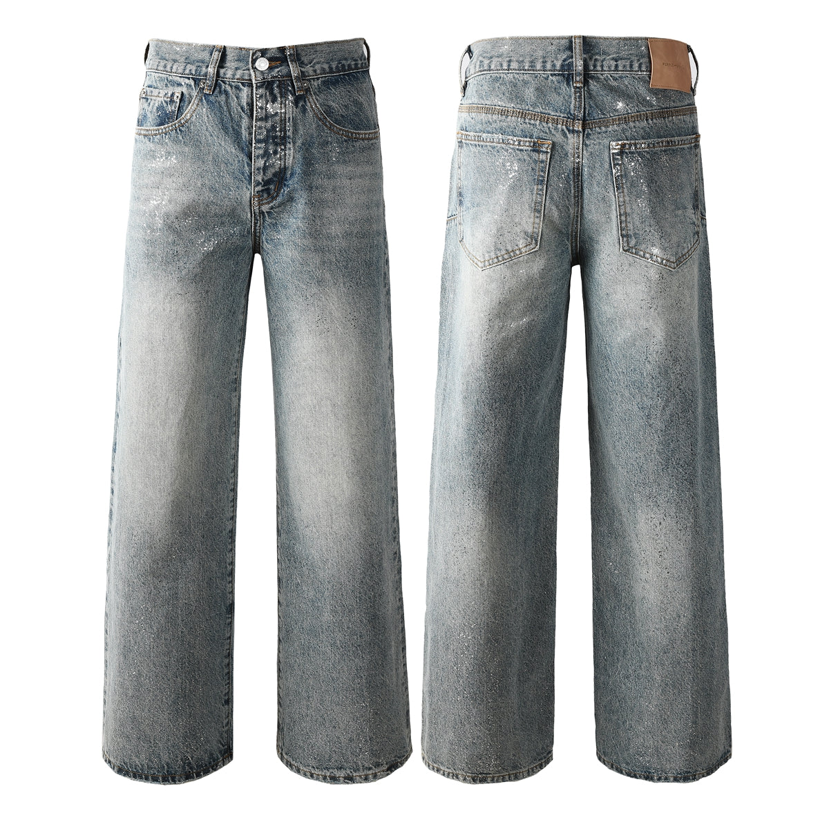 Edgy Men’s Light Wash Loose Fit Jeans with Washed Fade Effect and Light White Paint Splatter Design 101