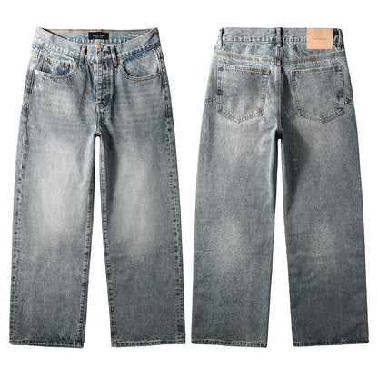 Edgy Men’s Light Wash Loose Fit Jeans with Washed Fade Effect and Light White Paint Splatter Design 101
