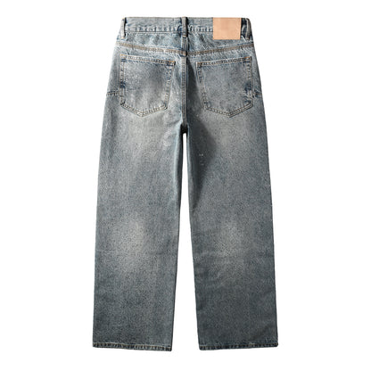 Edgy Men’s Light Wash Loose Fit Jeans with Washed Fade Effect and Light White Paint Splatter Design 101