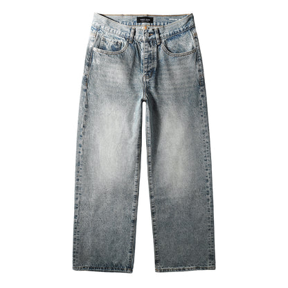 Edgy Men’s Light Wash Loose Fit Jeans with Washed Fade Effect and Light White Paint Splatter Design 101