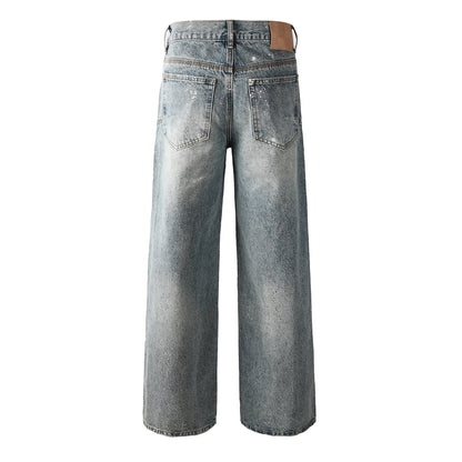 Edgy Men’s Light Wash Loose Fit Jeans with Washed Fade Effect and Light White Paint Splatter Design 101