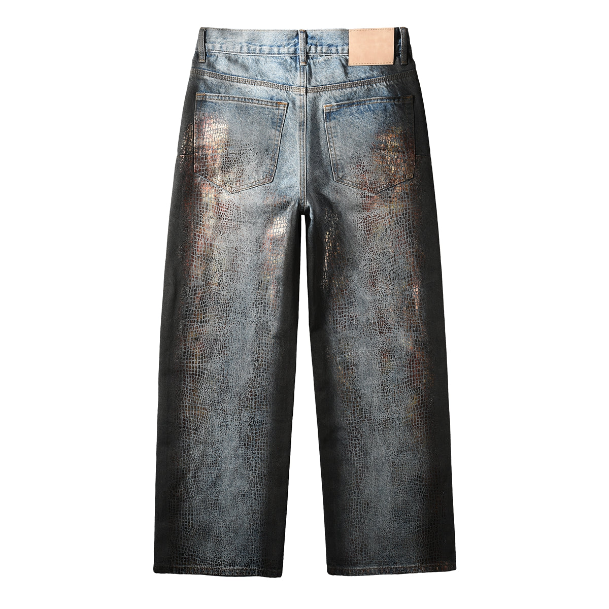 Men’s Light Blue Wide Leg Jeans with Faux Croc Leather Coating Effect and Vintage Washed Street Style 102