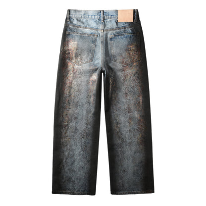 Men’s Light Blue Wide Leg Jeans with Faux Croc Leather Coating Effect and Vintage Washed Street Style 102