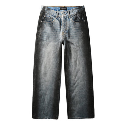 Men’s Light Blue Wide Leg Jeans with Faux Croc Leather Coating Effect and Vintage Washed Street Style 102