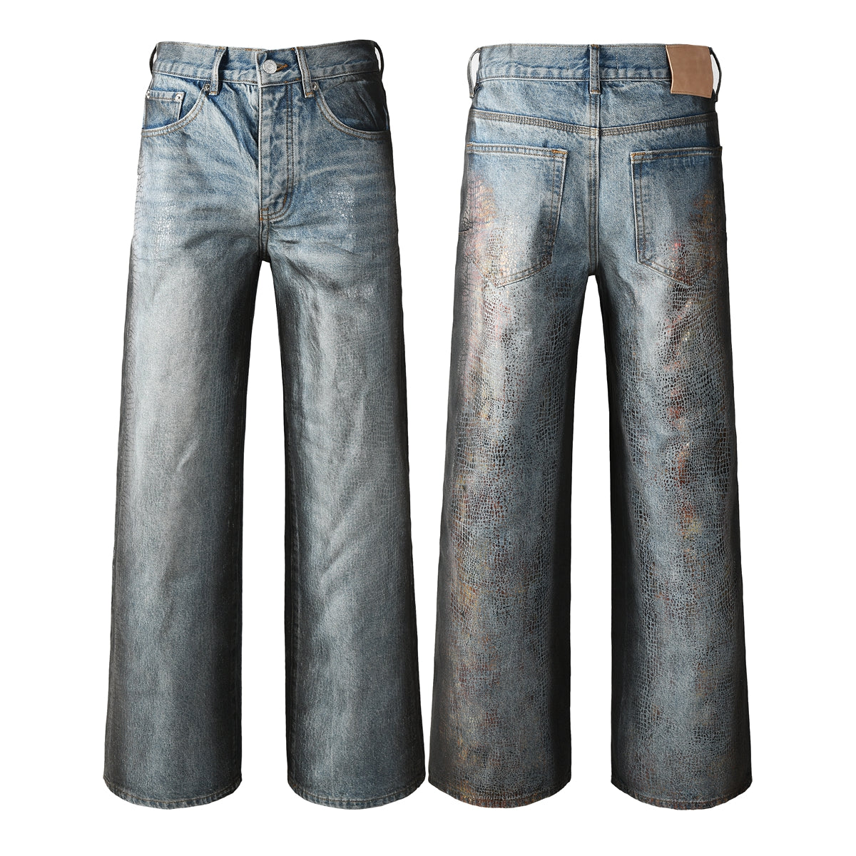 Men’s Light Blue Wide Leg Jeans with Faux Croc Leather Coating Effect and Vintage Washed Street Style 102