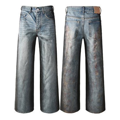 Men’s Light Blue Wide Leg Jeans with Faux Croc Leather Coating Effect and Vintage Washed Street Style 102