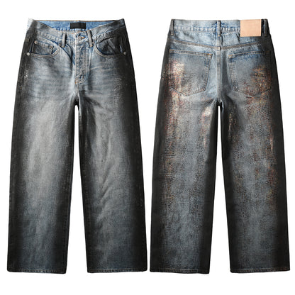 Men’s Light Blue Wide Leg Jeans with Faux Croc Leather Coating Effect and Vintage Washed Street Style 102