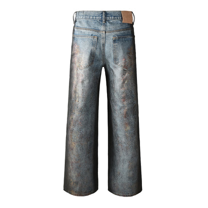 Men’s Light Blue Wide Leg Jeans with Faux Croc Leather Coating Effect and Vintage Washed Street Style 102