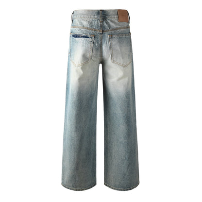 Men’s Light Blue Wide Leg Jeans with Shiny Textured Grid Finish Vintage Street Loose Denim Pants 103