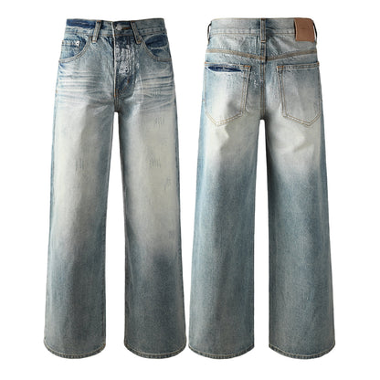 Men’s Light Blue Wide Leg Jeans with Shiny Textured Grid Finish Vintage Street Loose Denim Pants 103