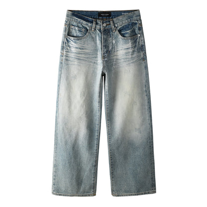 Men’s Light Blue Wide Leg Jeans with Shiny Textured Grid Finish Vintage Street Loose Denim Pants 103