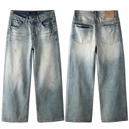 Men’s Light Blue Wide Leg Jeans with Shiny Textured Grid Finish Vintage Street Loose Denim Pants 103