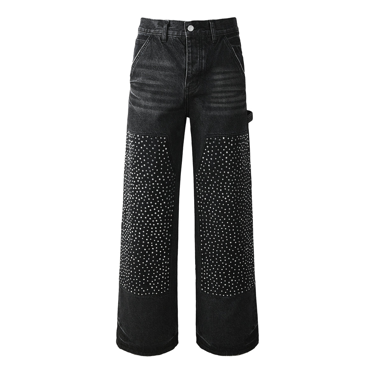 Men's Wide Leg Black Denim Jeans with Studded Front Panels and Streetwear Workwear Inspired Design 104